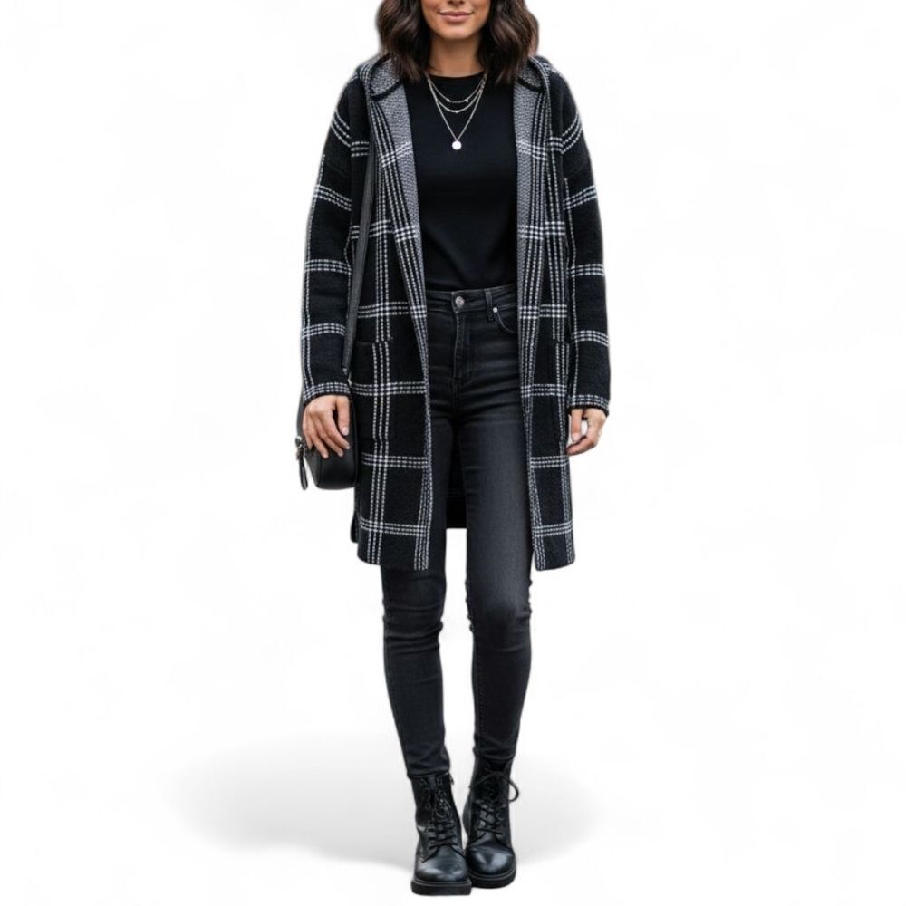 Pink Martini Women's XXS Black Plaid Open-Front Duster Cardigan Hooded NWT